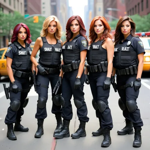 Prompt: An all gorges beautiful women, different hair color and, swat team, no helmets  taking down illegal alien robbers in new York city