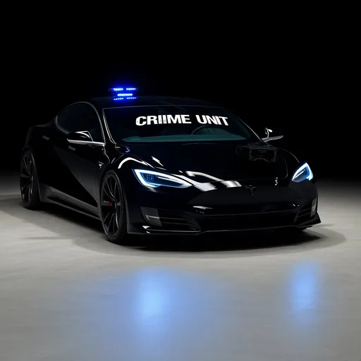 Prompt: Futuristic, Tesla car with all dark tinted windows, solid black super realistic, with realistic weapons that come out from the front good, with decal on front windshield the word saying crime unit, Weapons would be pointed forward, blue lights on the hood ultra realistic and modern, black to tinted windows, crime unit across the front of car