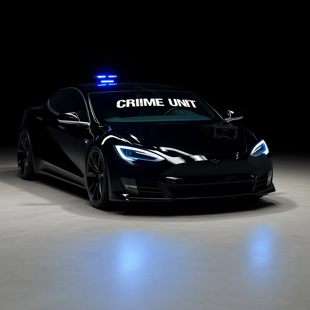 Prompt: Futuristic, Tesla car with all dark tinted windows, solid black super realistic, with realistic weapons that come out from the front good, with decal on front windshield the word saying crime unit, Weapons would be pointed forward, blue lights on the hood ultra realistic and modern, black to tinted windows, crime unit across the front of car