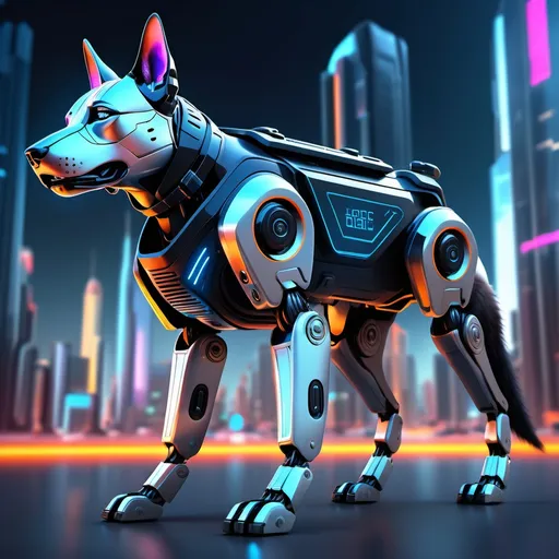 Prompt: (robotic police dog), futuristic design, high-tech weapons integrated, glossy metallic finish, dynamic pose showcasing agility, illuminated tech features, sleek lines, vibrant futuristic colors, high definition, dramatic lighting, sci-fi atmosphere, ultra-detailed mechanical components, advanced sensors, background resembling a modern cityscape with neon lights.