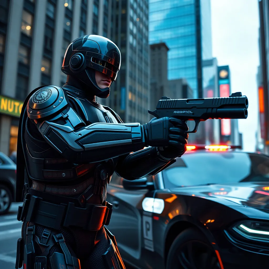 Prompt: Robocop, make an arrest downtown New York city, new Dodge charger car, ultra realism. Very large unique pistol high-caliber modern realistic