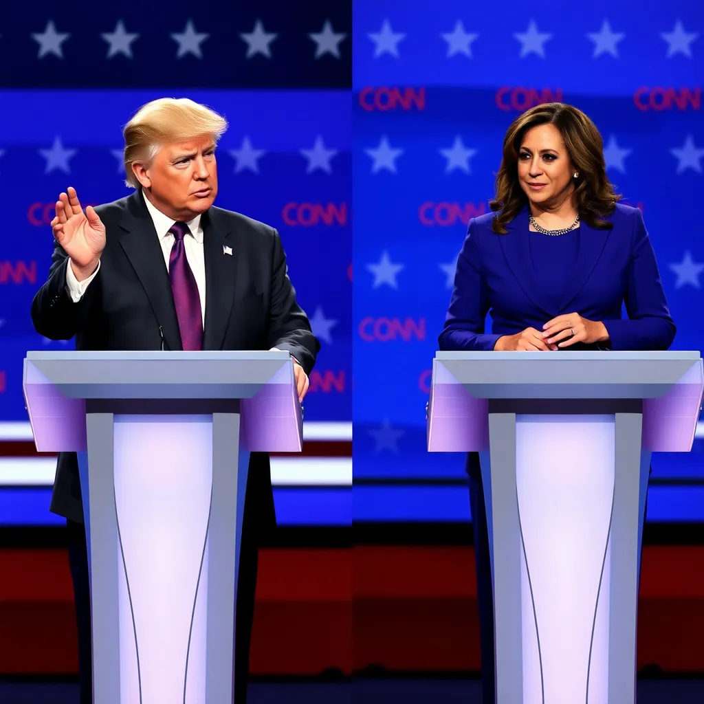 Prompt: Donald Trump and Kamala Harris on the debate stage at podiums separated individually, must look realistic