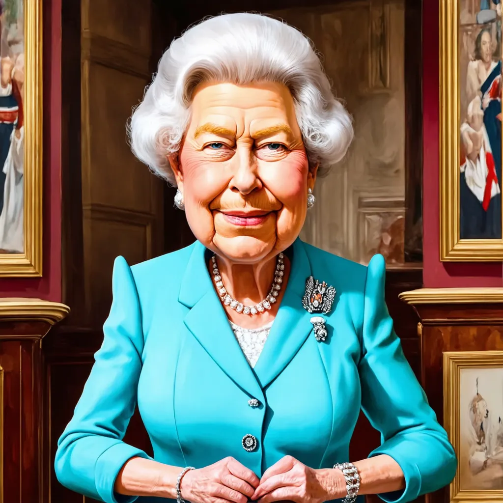 Prompt: cartoon painted caricature of the queen