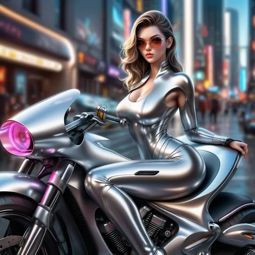 Prompt: (photorealistic) futuristic motorcycle, sleek design, shiny chrome accents, captivating curves, a model posed on the motorcycle seat,  , confident expression, glossy finish, dramatic lighting highlighting the contours, urban futuristic background, vibrant colors, high impact scene, focused on high detail and ultra-realistic textures, HD quality.