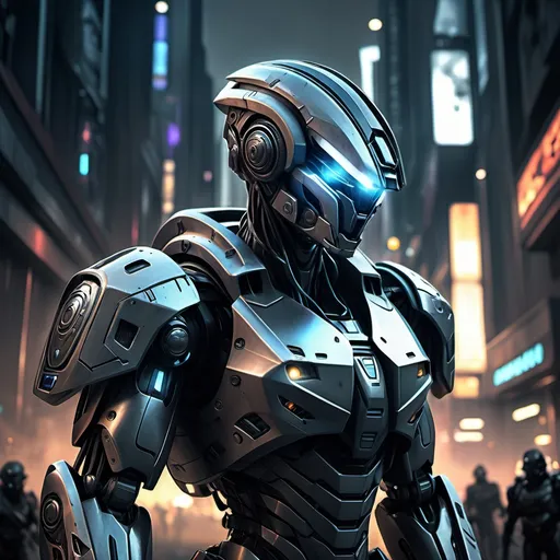 Prompt: (sci-fi super robotic anti-cartel immigrant task force), ultra-detailed, super realistic futuristic weapons, glowing laser beams emanating from helmets, menacing appearance, sleek armor design, dynamic pose, dramatic shadows, intense atmosphere, metallic color tones, dark gritty background, cybernetic enhancements, cinematic lighting, high-tech gadgets, futuristic cityscape in the distance, HD quality.