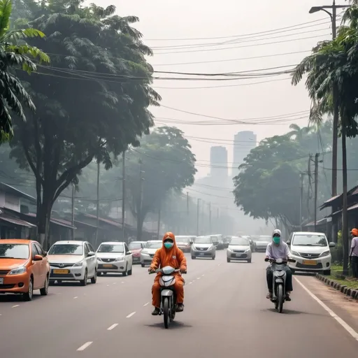 Prompt: orang sedang sesak nafas karena polusi kendaran, ultra-detailed representation of air quality issues.