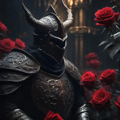 Prompt: dark medieval knight, rose's in the background, cinematic lighting, intricately hyperdetailed, ultra-realistic, fractal, UHD, style of demon, by Greg Rutkowski,