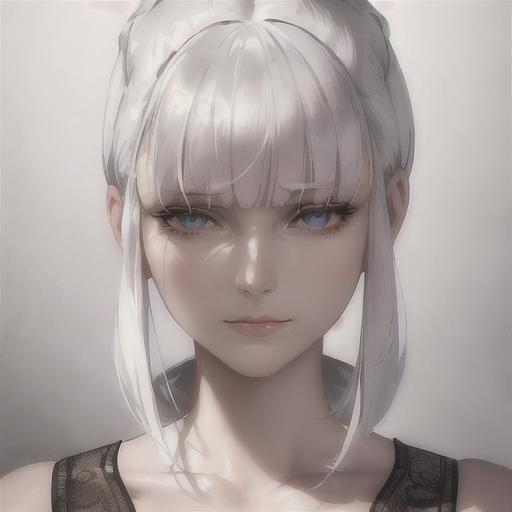 Prompt: "A close-up photo of a gorgeous trimmed white haired woman, in hyperrealistic detail, with a slight hint of loneliness in her eyes. Her face is the center of attention, with a sense of allure and mystery that draws the viewer in, but her eyes are also slightly downcast, as if a sense of loneliness is lingering in her thoughts. The detailing of her face is stunning, with every pore, freckle, and line rendered in vivid detail, but the image also captures the subtle emotions of loneliness that might lie beneath her surface."