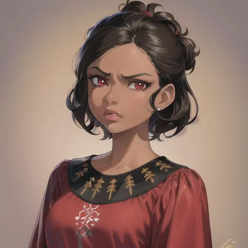 Prompt: (masterpiece, illustration, best quality:1.2), brown skin, angry face, detailed eyes, medieval style, pixie hairstyle, black hair, red eyes, wearing poor style white nightgown, best quality face, best quality, best quality skin, best quality eyes, best quality lips, ultra-detailed eyes, ultra-detailed hair, ultra-detailed, illustration, colorful, soft glow, 1 girl
