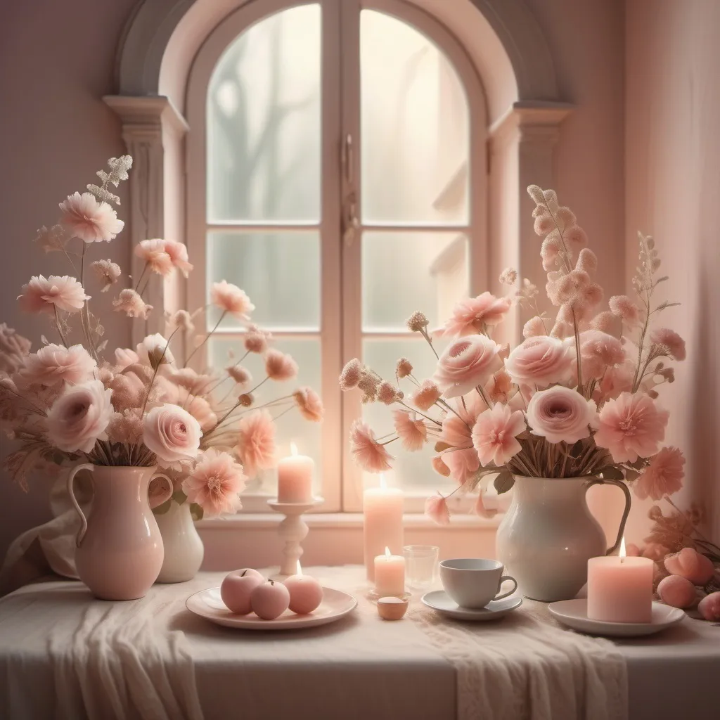 Prompt: lovely scene, warm pastel colors, soft lighting, inviting atmosphere, charming details, delicate floral elements, serene ambiance, artful composition, dreamlike quality, feeling of affection and tenderness, soft textures, high-quality, atmospheric depth, capturing a sense of peace and joy, ultra-detailed, enchanting visual storytelling.
