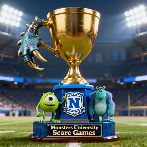 Prompt: Create a trophy revolving the Monsters University Scare Games