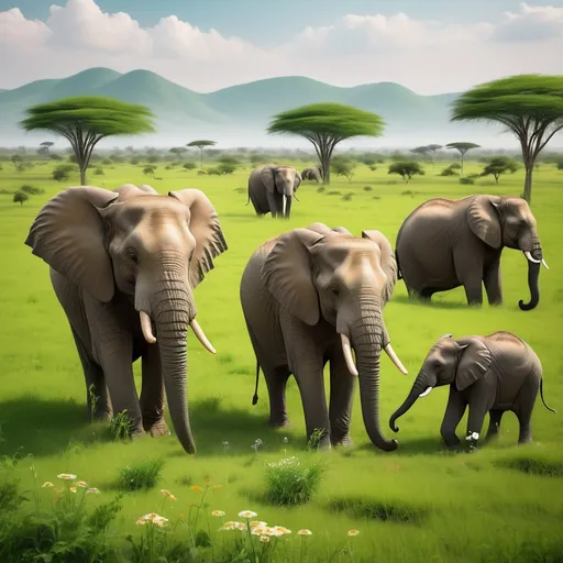 Prompt: A green landscape where big elephants are roaming. These elephants are so big that the have green grass on their backs and in that grass small elephants are roaming
Add rabbits and few wild flowers