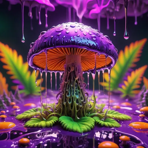 Prompt: (pot leaf) dripping and melting, vivid psychedelic colors, surreal and dreamlike atmosphere, whimsical design, mushrooms sprouting from drops, groovy patterns, high-detail textures, vibrant hues of purple, green, and orange, 4K resolution, captivating and bizarre visual experience, organic shapes blending harmoniously, magical and trippy backdrop.