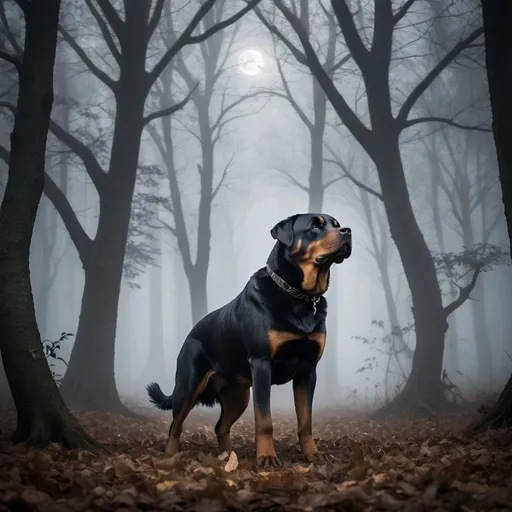 Prompt: "A mysterious Rottweiler stands in the middle of a dark, foggy forest. The moonlight barely filters through the dense, twisted trees, casting eerie shadows. The Rottweiler's eyes glow with an otherworldly light, and it wears a collar adorned with an ancient, cryptic symbol. The ground is covered in fallen leaves, and the fog creates an almost ghostly atmosphere. In the background, a shadowy figure can be seen partially hidden behind a tree, adding to the sense of mystery and intrigue."