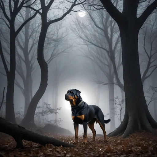 Prompt: "A mysterious Rottweiler stands in the middle of a dark, foggy forest. The moonlight barely filters through the dense, twisted trees, casting eerie shadows. The Rottweiler's eyes glow with an otherworldly light, and it wears a collar adorned with an ancient, cryptic symbol. The ground is covered in fallen leaves, and the fog creates an almost ghostly atmosphere. In the background, a shadowy figure can be seen partially hidden behind a tree, adding to the sense of mystery and intrigue."