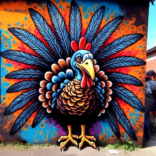 Prompt: New age tattoo style male turkey showing all his feathers, full body, front view,<mymodel>, street art, graffiti