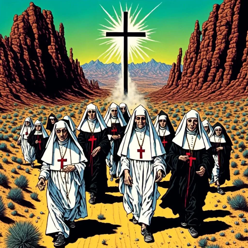 Prompt: Pope and Nuns doing Acid and DMT in the desert<mymodel>