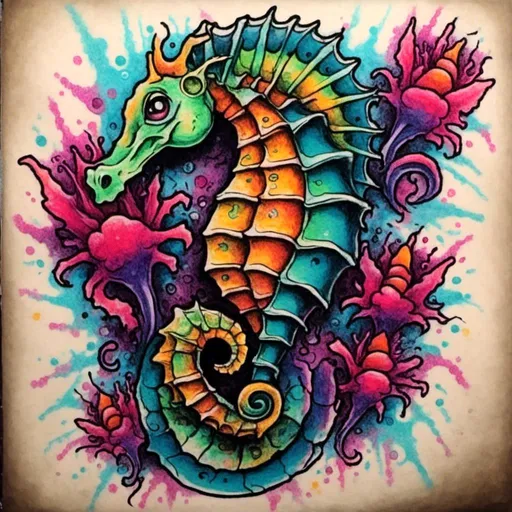 Prompt: New age tattoo style seahorse with babies coming out of its belly,<mymodel>, neon, vibrant, street art, graffiti style 