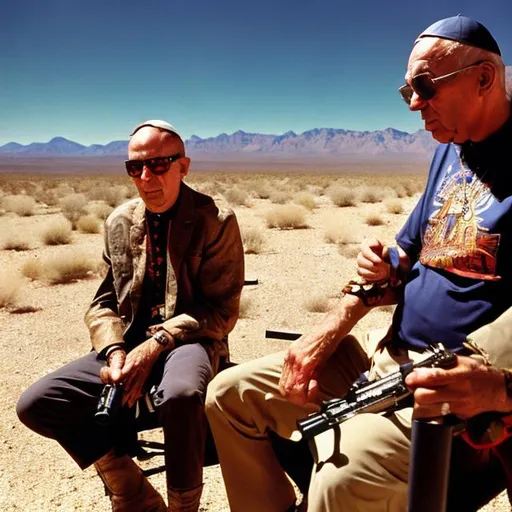 Prompt: POPE John Paul 3rd doing acid with hunter s. Thompson I'm the desert shooting guns 