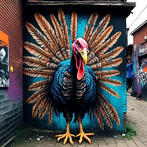 Prompt: New age tattoo style male turkey showing all his feathers, full body, front view,<mymodel>, street art, graffiti