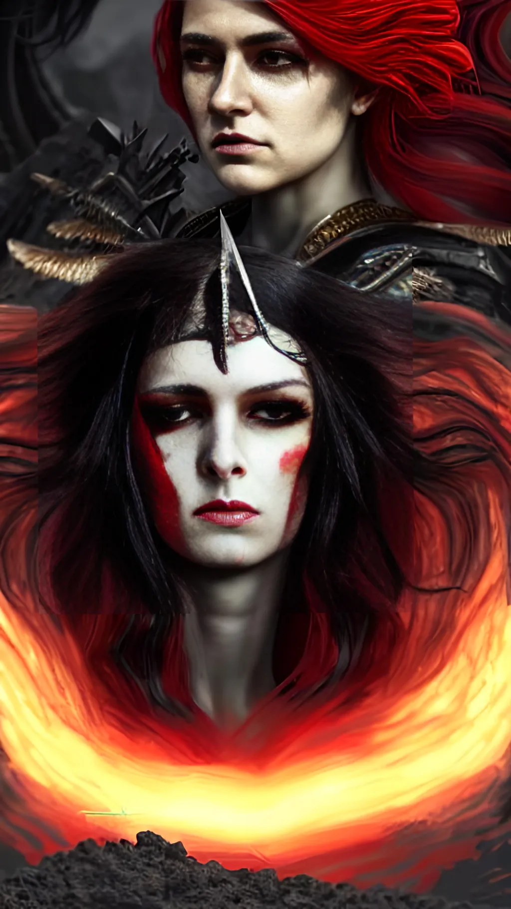 Prompt: Portrait of {the Godess of Death} with {electric redmmm and black} hair and with cute face, {battlefield of slain warriors}, perfect composition, hyperrealistic, super detailed, 8k, high quality, trending art, trending on artstation, sharp focus, studio photo, intricate details, highly detailed, by Andy fairview