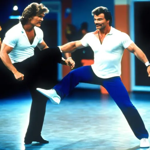 Prompt: Patrick Swayze in a breakdancing battle with Tom Selleck dressed I'm clothes from the early 1990s