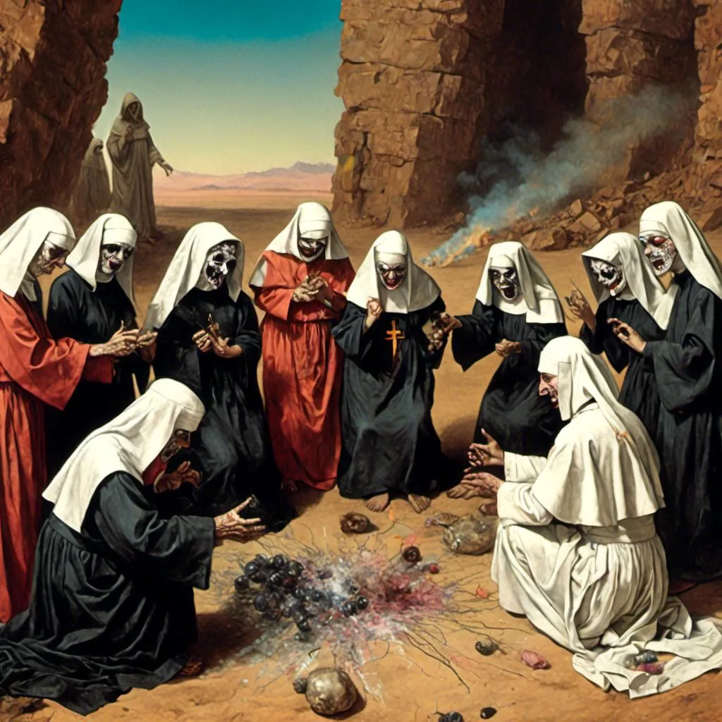 Prompt: Pope and Nuns doing Acid and DMT in the desert<mymodel>