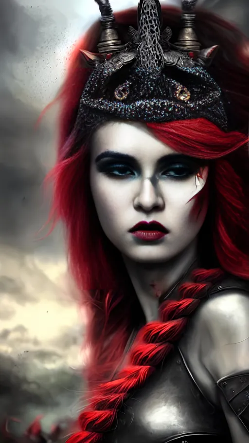 Prompt: Portrait of {the Godess of Death} with {electric redmmm and black} hair and with cute face, {battlefield of slain warriors}, perfect composition, hyperrealistic, super detailed, 8k, high quality, trending art, trending on artstation, sharp focus, studio photo, intricate details, highly detailed, by Andy fairview