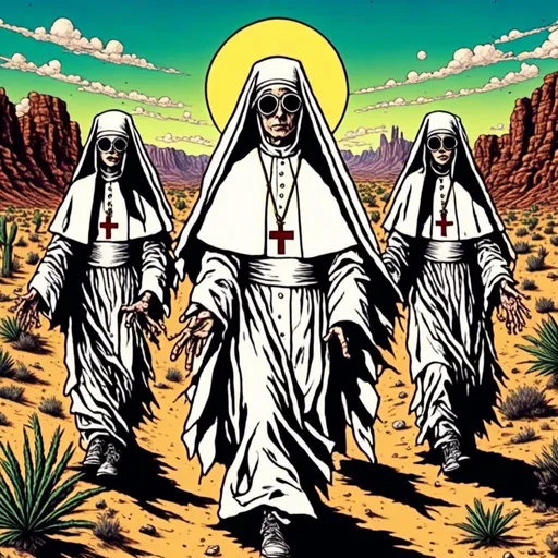 Prompt: Pope and Nuns doing Acid and DMT in the desert<mymodel>