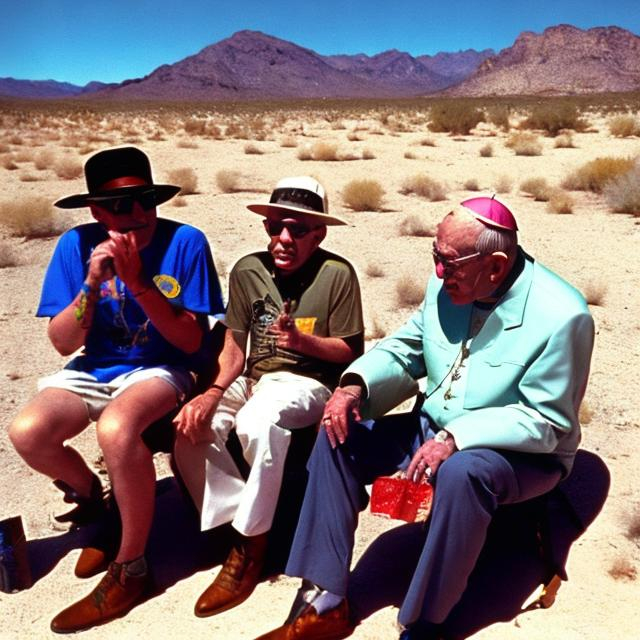 Prompt: POPE John Paul 3rd doing acid with hunter s. Thompson I'm the desert shooting guns 