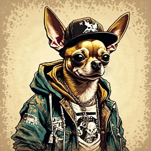 Prompt: Tan colored Applehead mixed with deer breed  Chihuahua dressed as a 1990s Era thug gangsta rapper, <mymodel>, 64k, vibrant, detailed 