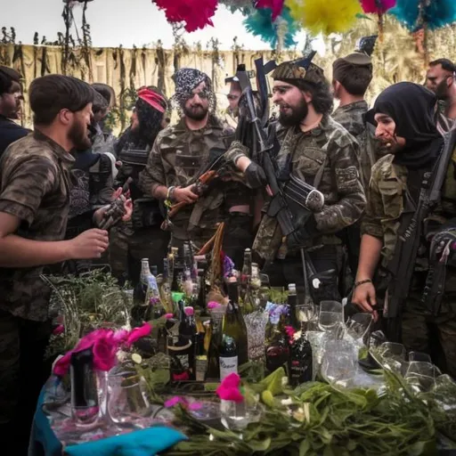 Prompt: Blackmarket garden party for terrorists 