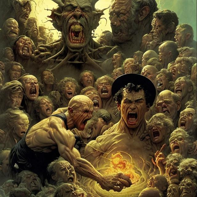 Prompt: In the style of a Michael whelan and norman rockwell paint the ultimate masterpiece of an image depicting rage with such absolute perfection that upon viewing will induce such understanding human emotions and self awareness the viewer will ascend to a higher plain of existence 