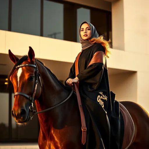 Prompt: Luxury fashion website header illustrating an Arabic woman riding a horse in a modern black with brown leather abaya showing half of her hair , showcasing her poised stance in a minimalist luxury background with a monochromatic color scheme and striking architectural lines, dramatic lighting emphasizing her figure., vibrant color palette, golden hour glow 