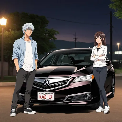 Prompt: Anime characters Gintoki Sakata and Kaori Miyazono are standing next to an anime black 2017 Acura TLX with tinted windows in an anime setting in the evening.