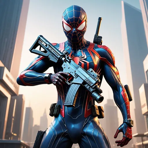 Prompt: Futuristic illustration of a Call of Duty Spider-Man suit with a gun, ultra-detailed, futuristic, highres, high-tech, sleek design, sci-fi, action-packed, futuristic, intense lighting, futuristic materials, cityscape backdrop, metallic tones, professional rendering