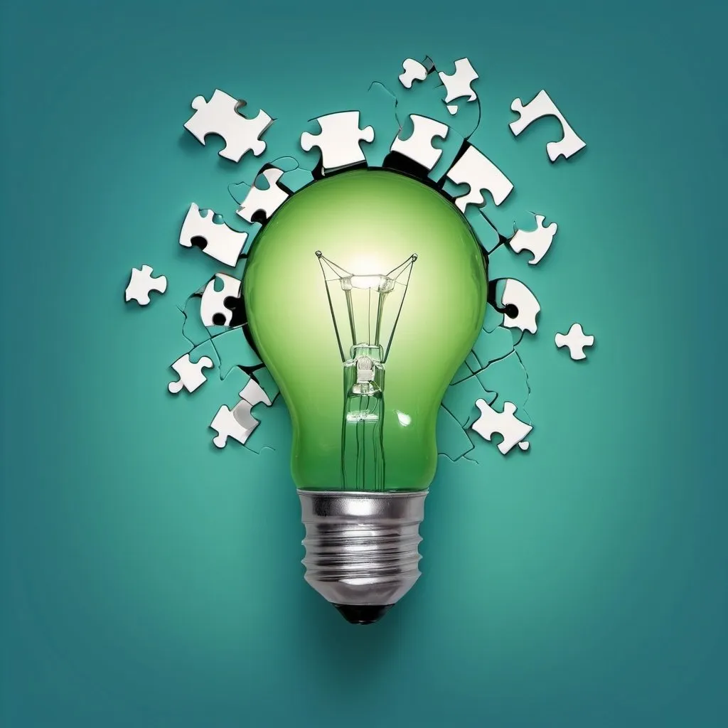 Prompt: green and blue background with a broken light bulb representing an idea which is broken and needs to be put back together like a puzzle piece in a cartoon style