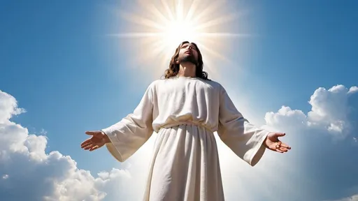 Prompt: living Jesus dressed in white with the sun and clouds and blue sky behind
