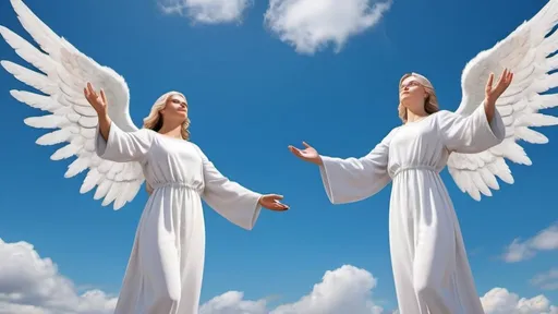 Prompt: one row of white male and female standing angels of equal height in heaven with two arms raised in the air, with blue sky and clouds above them
