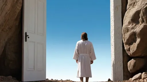 Prompt: a large white wooden door in the blue sky above a man's head who is standing  among rocks who is looking up with shoulder-length brown hair and dressed in a white robe
