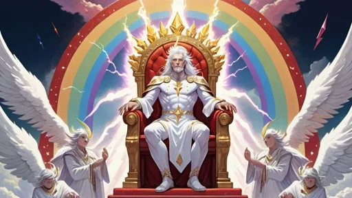 Prompt: a white-haired glowing god dressed in a white glittery robe that is emitting lightning bolts, seated on a red throne, surrounded by a multi-color rainbow above the throne, with many angels dressed in white standing below throne, with blue sky and white clouds around them
