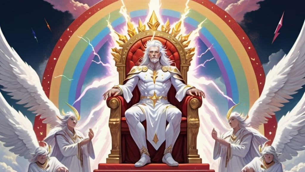 Prompt: a white-haired glowing god dressed in a white glittery robe that is emitting lightning bolts, seated on a red throne, surrounded by a multi-color rainbow above the throne, with many angels dressed in white standing below throne, with blue sky and white clouds around them
