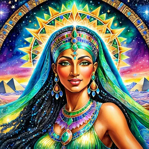 Prompt: Dancing Prophetess, Egyptian, High Priestess, Chantress, Alluring look, deep wise Green eyes, Windows to the soul, connect heaven to earth, Beautiful vibrant colors, Josephine wall style, Very detailed, Ancient, Beautiful background, Singing, Dancing, Joyful, Sensual, galaxy, celestial, Psychic, Watercolor painting, Dreamy, Dance, Chant, Ritual, Stars, Star Being, Divine, 4k, transforming, Celestial, Cosmic colors, Full body, Unseen, Another side of the Veil, The unseen, Spiritual, Journeying into the other world, Divine Connections to God, Psychedelic, Magic, Shaman, Dancing in the cosmic, Singing, Music, Spark of life 
