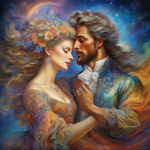 Prompt: Rococo era portrait of a celestial woman and man, oil painting, luxurious clothing, dancing, waltz, singing, cosmic, crescendo of the dance, Passionate, beautiful vibrant colors, Josephine Wall Painting