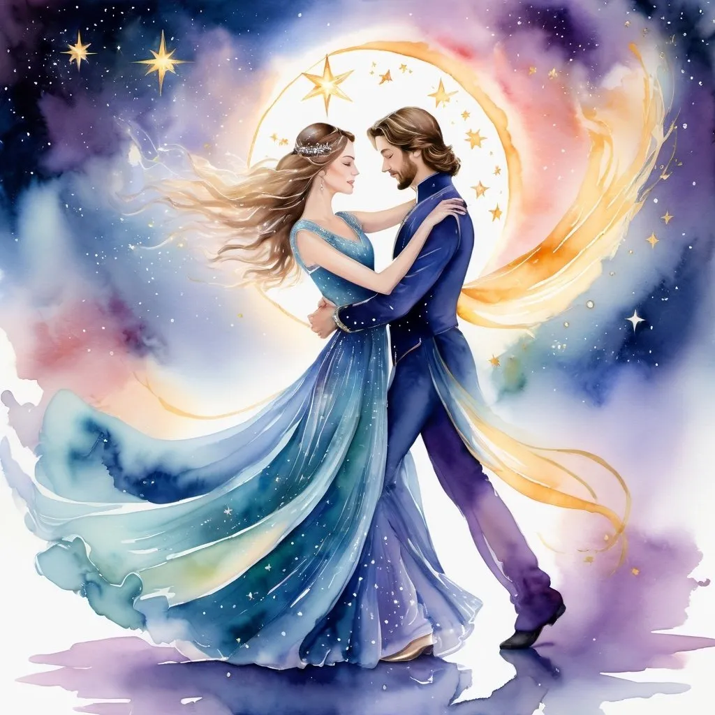 Prompt: Figurative watercolor of a beautiful Prince and priestess dancing, Star Being composed of starlight, dreamy and ethereal, hopeful, Celestial Waltz, high res, watercolor, ethereal, alignment, celestial, dreamy, figurative, starlight being, beautiful woman, dancing, graceful movement, soft cosmic color palette, flowing gown, detailed facial features, luminous and radiant aura, celestial backdrop, delicate brushstrokes, professional, soft lighting