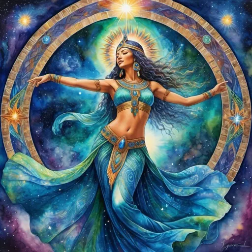 Prompt: Romantic, Sensual, Passionate, Stepping into Highest Power, Divine Being, Star being, mysterious, Dancing, Prophetess, Egyptian, High Priestess, Chantress, Blue Lotus, Alluring look, deep wise, Earthy Green/Blue eyes, Windows to the soul, connect heaven to earth, Beautiful vibrant colors, Josephine wall style, Ancient, Beautiful background, Singing, Dancing, Joyful, Sensual, galaxy, celestial, Psychic, Watercolor painting, Dreamy, Dance, Chant, Ritual, Stars, Star Being, Divine, 4k, transforming, Celestial, Cosmic colors, Full body, Unseen, Another side of the Veil, The unseen, Spiritual, Journeying into the other world, Divine Connections to God, Magic, Shaman, Dancing in the cosmic, Singing, Music, Spark of life, 
