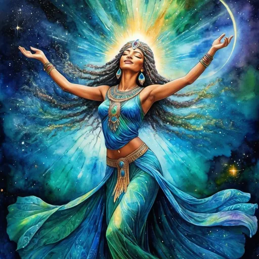 Prompt: mysterious, Veil half off face/eyes, Dancing, Prophetess, Egyptian, High Priestess, Chantress, Blue Lotus, Alluring look, deep wise, Earthy Green/Blue eyes, Windows to the soul, connect heaven to earth, Beautiful vibrant colors, Josephine wall style, Ancient, Beautiful background, Singing, Dancing, Joyful, Sensual, galaxy, celestial, Psychic, Watercolor painting, Dreamy, Dance, Chant, Ritual, Stars, Star Being, Divine, 4k, transforming, Celestial, Cosmic colors, Full body, Unseen, Another side of the Veil, The unseen, Spiritual, Journeying into the other world, Divine Connections to God, Magic, Shaman, Dancing in the cosmic, Singing, Music, Spark of life
