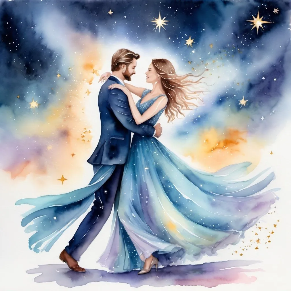 Prompt: Figurative watercolor of a beautiful Couple dancing with Star Being composed of starlight, dreamy and ethereal, hopeful and optimistic, Celestial Waltz, highres, watercolor, ethereal, celestial, dreamy, figurative, starlight being, beautiful woman, dancing, hopeful, optimistic, graceful movement, soft color palette, flowing gown, detailed facial features, luminous and radiant aura, celestial backdrop, delicate brushstrokes, professional, soft lighting