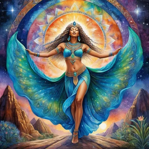 Prompt: Romantic, Sensual, Passionate, Stepping into Highest Power, Divine Being, Star being, mysterious, Dancing, Prophetess, Egyptian, High Priestess, Chantress, Blue Lotus, Alluring look, deeply wise, Earthy Green/Blue eyes, Windows to the soul, connect heaven to earth, Beautiful vibrant colors, Josephine wall style, Ancient, Beautiful background, Singing, Dancing, Joyful, Sensual, galaxy, celestial, Psychic, Watercolor painting, Dreamy, Dance, Chant, Ritual, Stars, Star Being, Divine, 4k, transforming, Celestial, Cosmic colors, Full body, Unseen, Another side of the Veil, The unseen, Spiritual, Journeying into the other world, Divine Connections to God, Magic, Shaman, Dancing in the cosmic, Singing, Music, Spark of life, Powerful, All-seeing 
