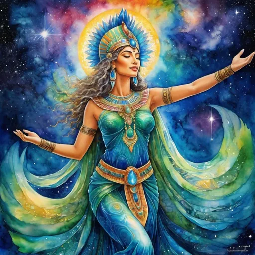 Prompt: Romantic, Sensual, Passionate, Stepping into Highest Power, Divine Being, Star being, mysterious, Dancing, Prophetess, Egyptian, High Priestess, Chantress, Blue Lotus, Alluring look, deeply wise, Earthy Green/Blue eyes, Windows to the soul, connect heaven to earth, Beautiful vibrant colors, Josephine wall style, Ancient, Beautiful background, Singing, Dancing, Joyful, Sensual, galaxy, celestial, Psychic, Watercolor painting, Dreamy, Dance, Chant, Ritual, Stars, Star Being, Divine, 4k, transforming, Celestial, Cosmic colors, Full body, Unseen, Another side of the Veil, The unseen, Spiritual, Journeying into the other world, Divine Connections to God, Magic, Shaman, Dancing in the cosmic, Singing, Music, Spark of life, Powerful, All-seeing 
